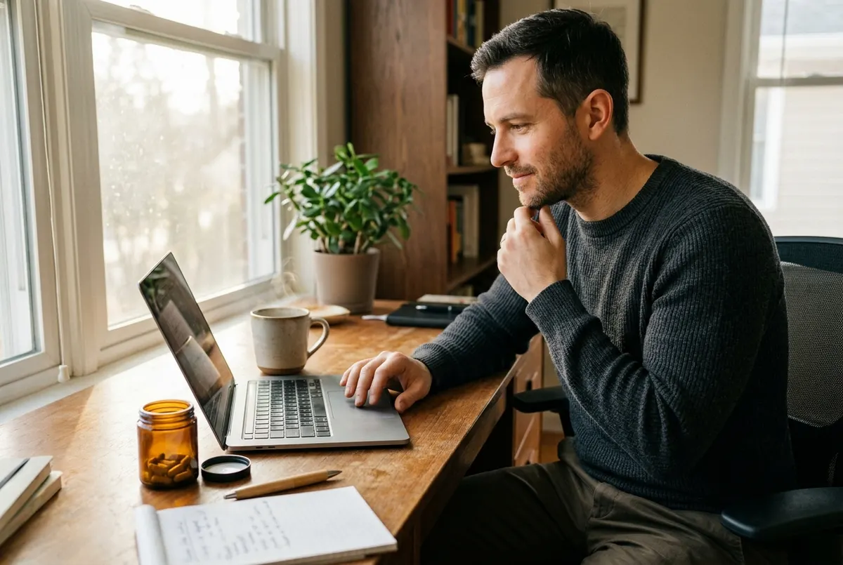 Real candid moment — someone at a desk in the morning, coffee or supplement nearby, natural light, focused and calm. Shot ...