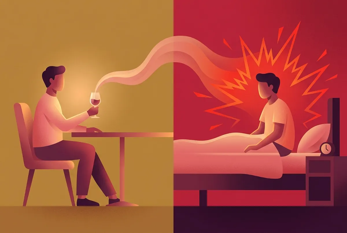An showing a simple metabolic timeline. A stylized figure sits at a table holding a wine glass on the left half of the fra...