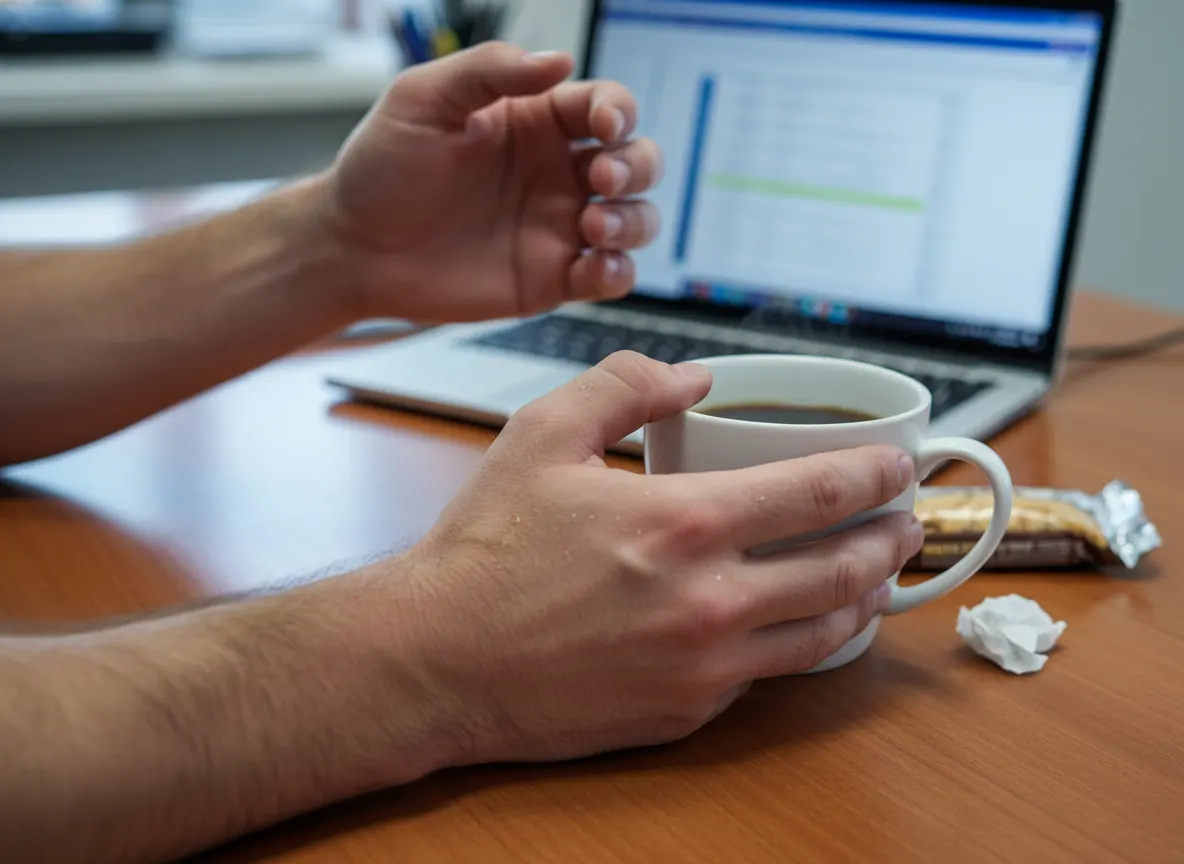 Close-up of a person's hands trembling slightly near a standard coffee mug on a desk, bright overhead office lighting, , s...