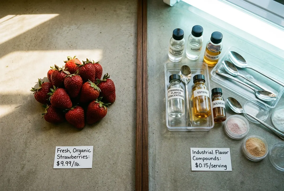 A split composition showing cost comparison: left side features a small pile of expensive fresh organic strawberries with ...