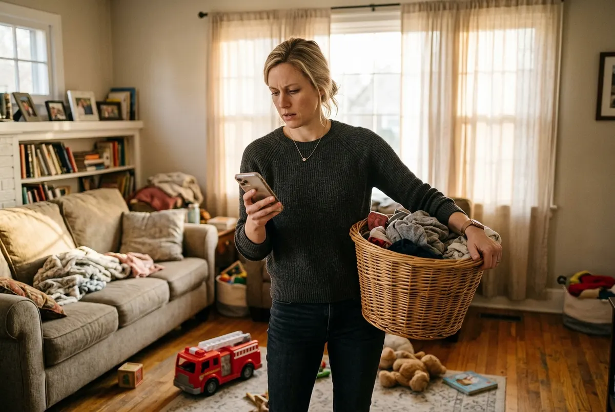 A woman in her early thirties standing in her living room mid-afternoon, holding a laundry basket on one hip while glancin...