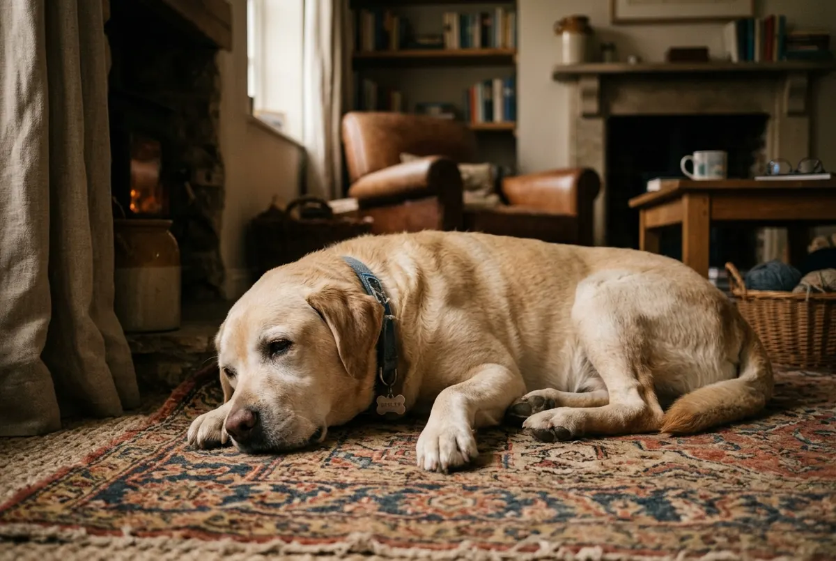 A senior Labrador resting on a rug with head on paws, eyes half-open in dim late-afternoon living room light, the scene co...