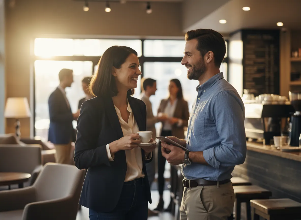 A professional in casual business attire making eye contact with a new acquaintance at a networking event or coffee shop, ...