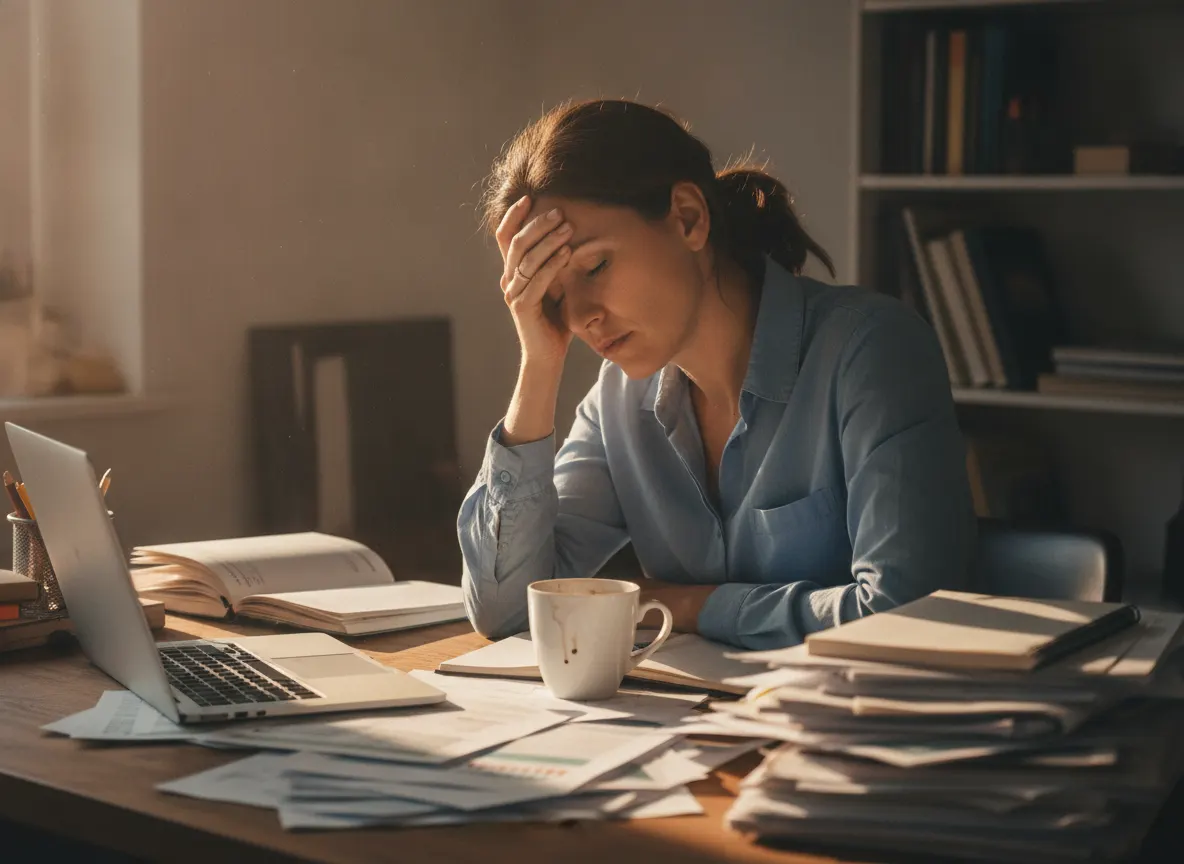A woman in her late 30s at a desk surrounded by work papers and a laptop, visibly fatigued at 3pm, hand to forehead, with ...