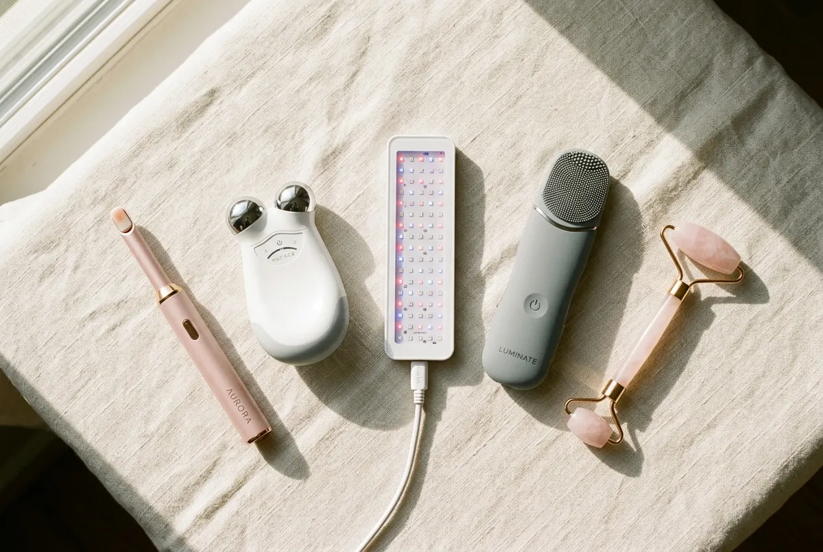 Top-down flat lay on a soft cream linen surface: five distinct beauty devices arranged in a gentle arc—a warming wand, a m...