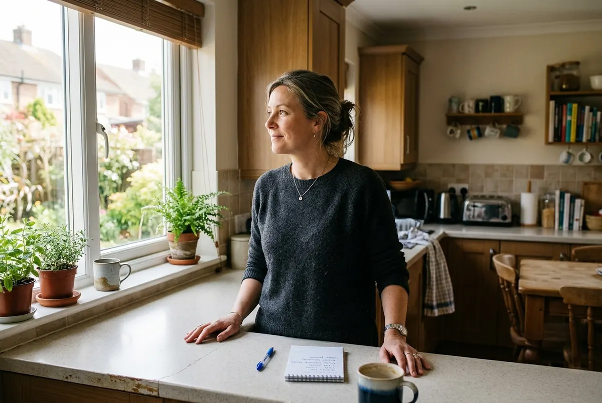 A woman, 47, stands at a kitchen counter mid-morning, hands resting on the edge, looking out a window with a thoughtful, s...