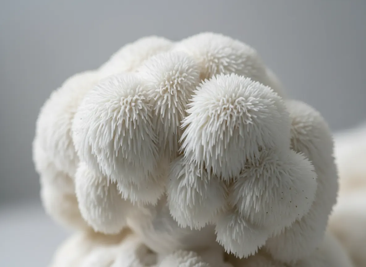 Close-up macro shot of Lion's Mane mushroom fruiting body showing white, brain-like texture in soft natural light, isolate...