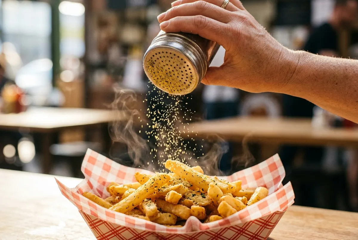 A close-up hand sprinkling savoury herb-flecked chicken salt from a commercial-style shaker over a pile of hot golden chip...