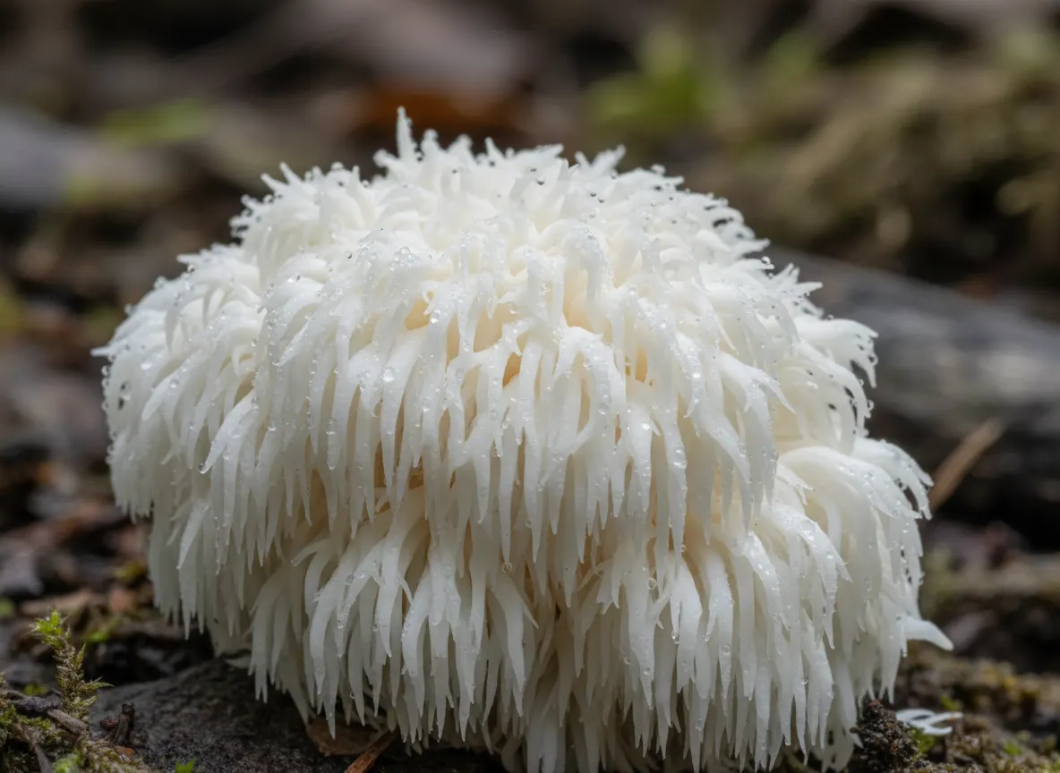 Close-up macro shot of fresh lion's mane mushroom fruiting body with delicate white tendrils in soft diffused light, earth...