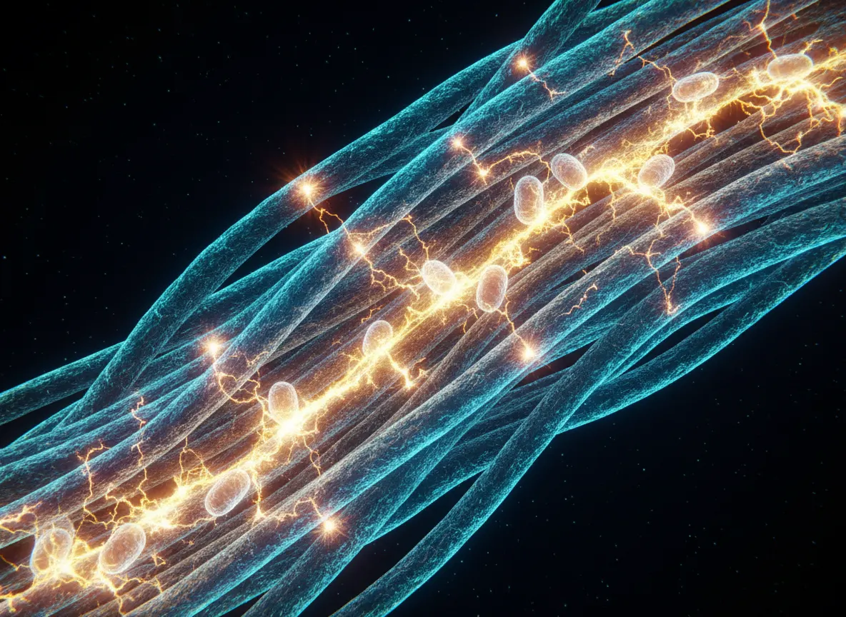 Close-up macro shot of muscle fibers and cellular structures glowing with energy, scientific and vibrant lighting against ...