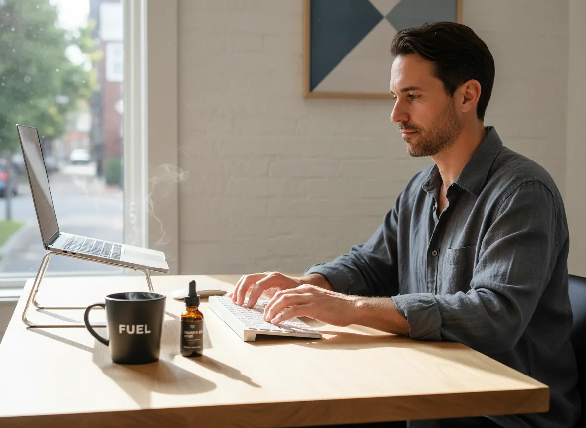 A focused professional working at a minimalist desk with a steaming cup of functional coffee nearby, calm expression, afte...