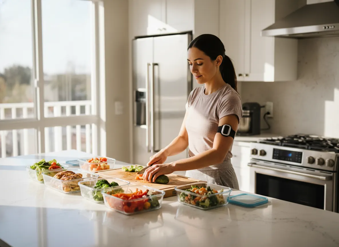 A woman meal prepping in a modern kitchen, checking blood sugar stability with steady energy, bright natural daylight stre...