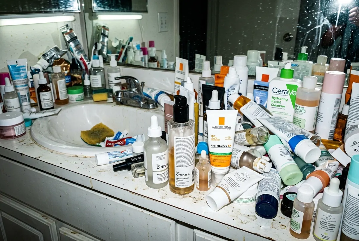 A cluttered bathroom counter overflowing with half-used skincare bottles and tubes scattered across the surface, harsh ove...