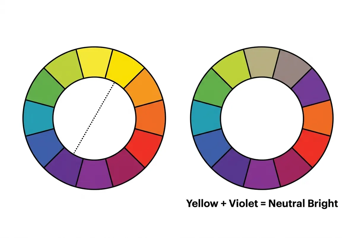 Two side-by-side color wheels showing yellow and purple as complementary opposites