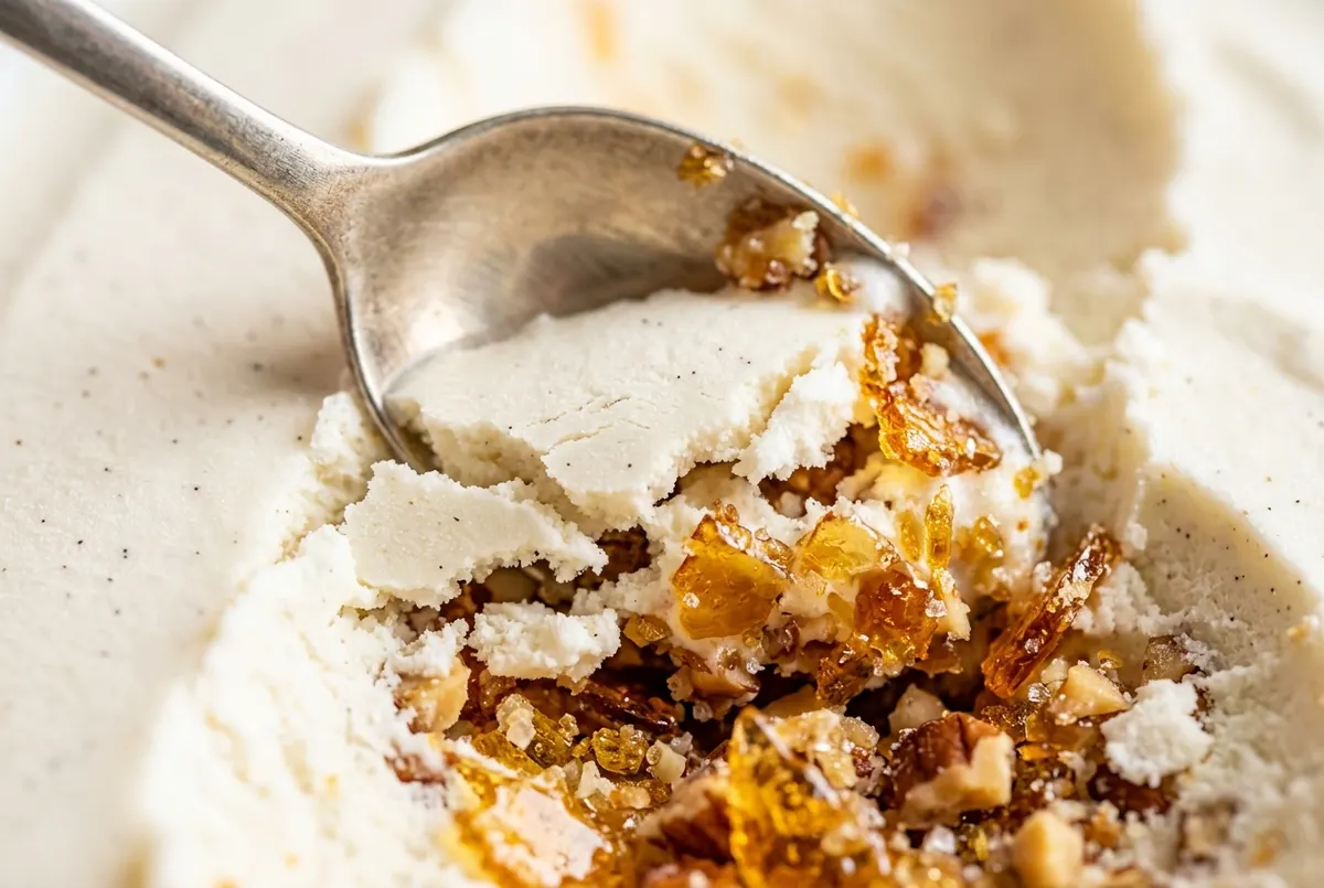 A close-up of a dessert spoon breaking through the top layer of vanilla ice cream to reveal a hidden layer of golden caram...