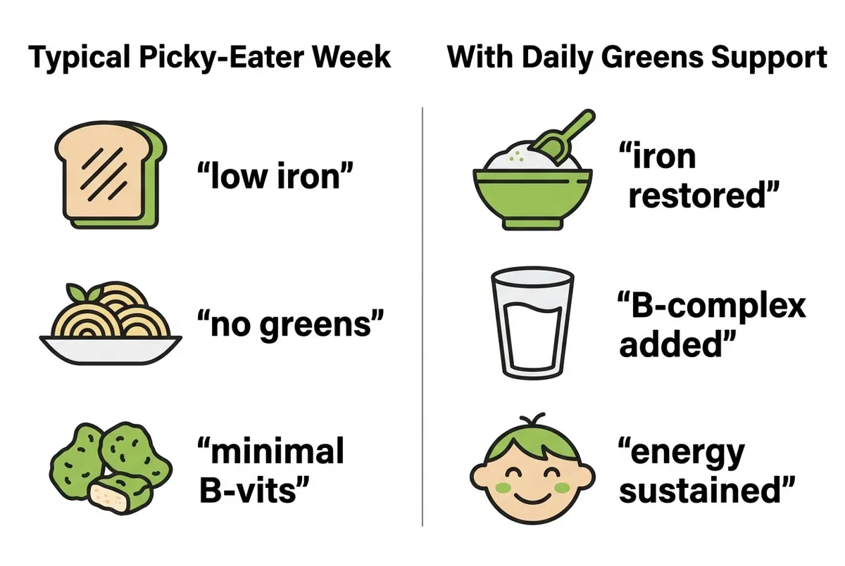 Flat vector diagram showing nutritional comparison. Exactly two columns side by side separated by a thin vertical line. Le...