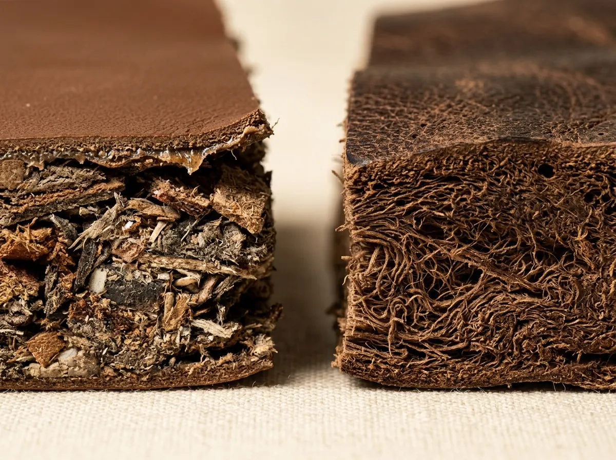 Cross-section or extreme close-up macro detail of two leather samples side by side—one showing shredded, bonded scraps vis...