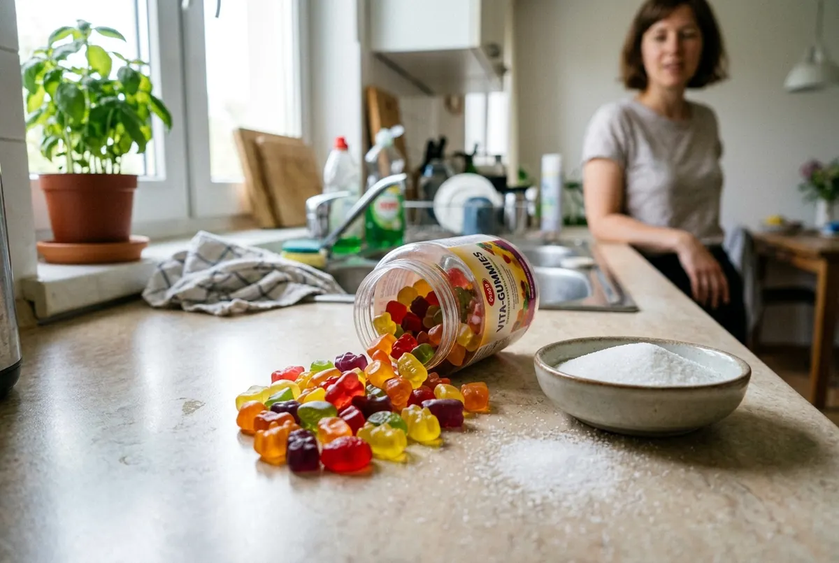 Close-up of a pile of colorful gummy vitamins spilling from an open jar onto a kitchen counter with a small bowl of white ...