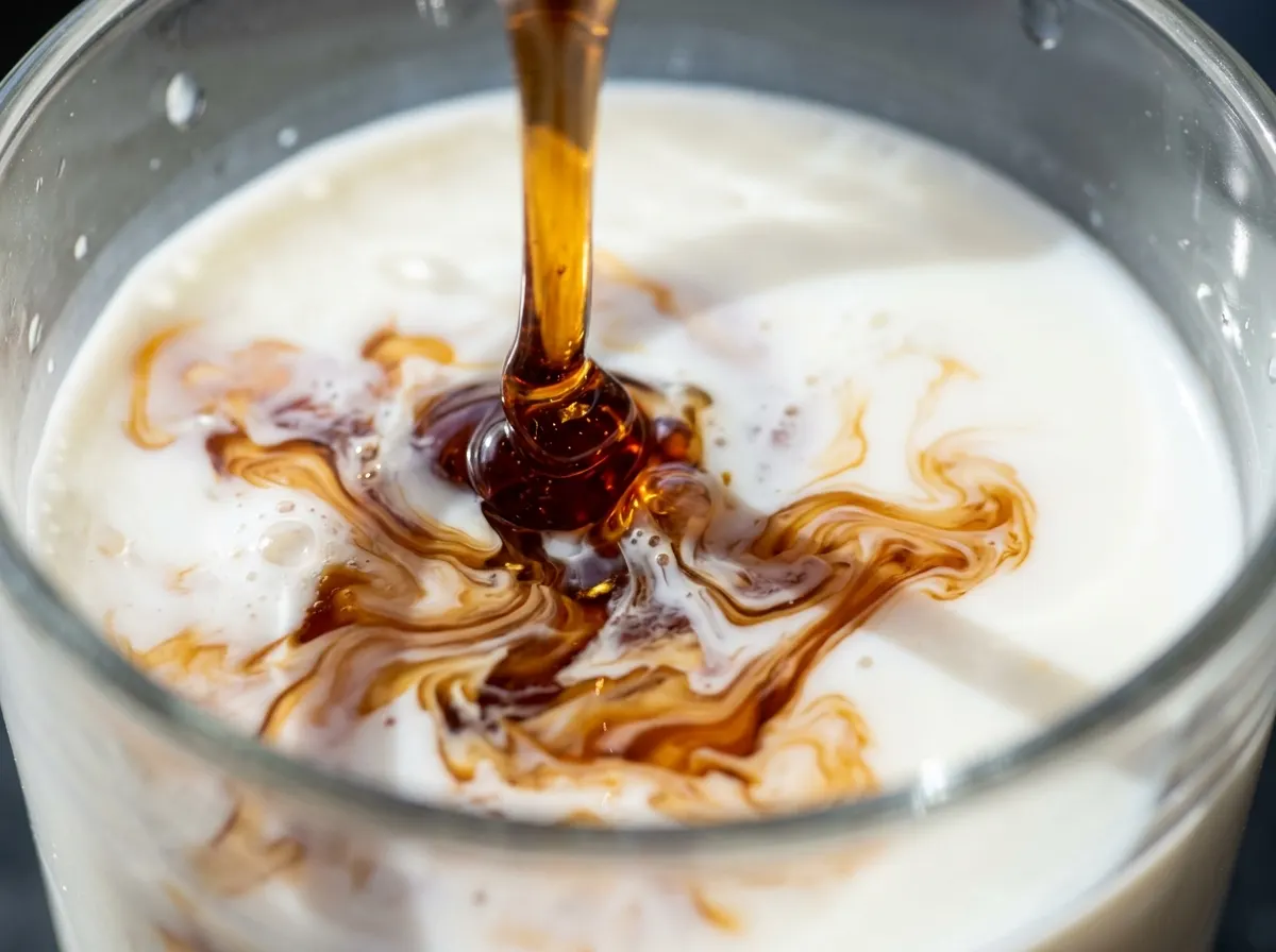 Extreme close-up of premium thick syrup being poured into cold milk in a clear glass, the syrup holding its rich color and...