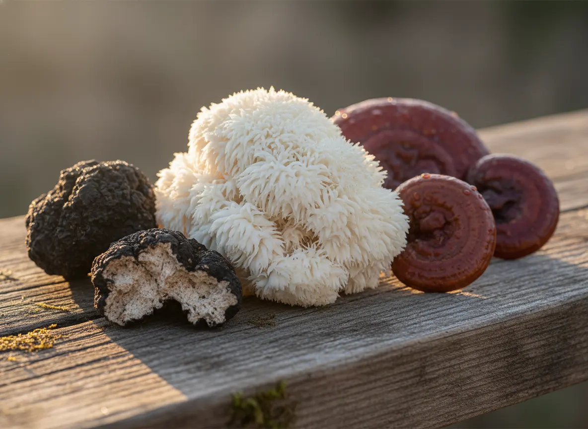 Close macro shot of mushroom fruiting bodies—lion's mane, reishi, chaga—displayed on a wooden surface with morning light, ...