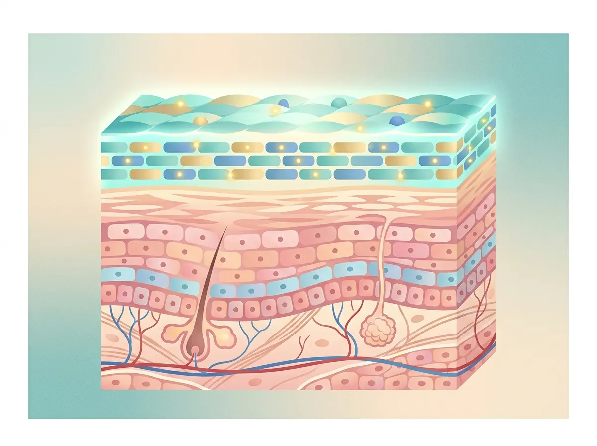 A stylized cross-section of young skin showing a luminous protective barrier layer on top in cool teals and soft golds, wi...