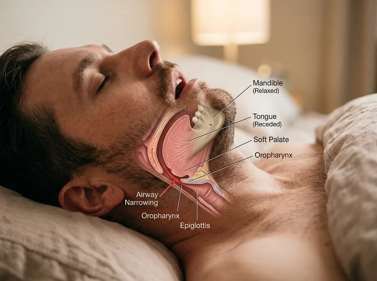 A anatomical-style close-up profile of a sleeping man's open airway and relaxed lower jaw, illustrated in soft warm light—...