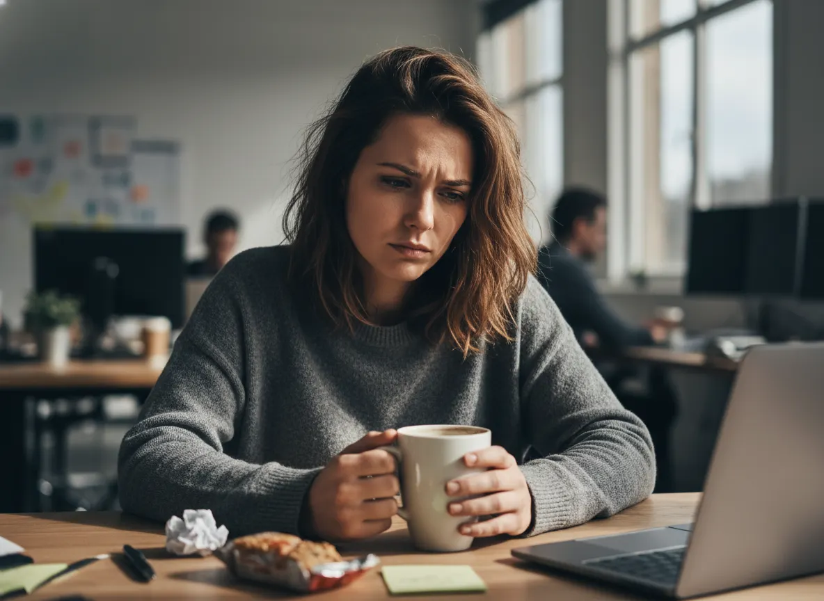 A woman at her desk mid-morning, visibly fatigued, staring at her empty coffee cup with a slight frown, afternoon light fi...