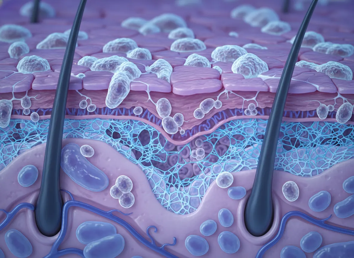 A close-up of a scalp cross-section or microscopic visualization showing yeast colonization and barrier dysfunction layers...