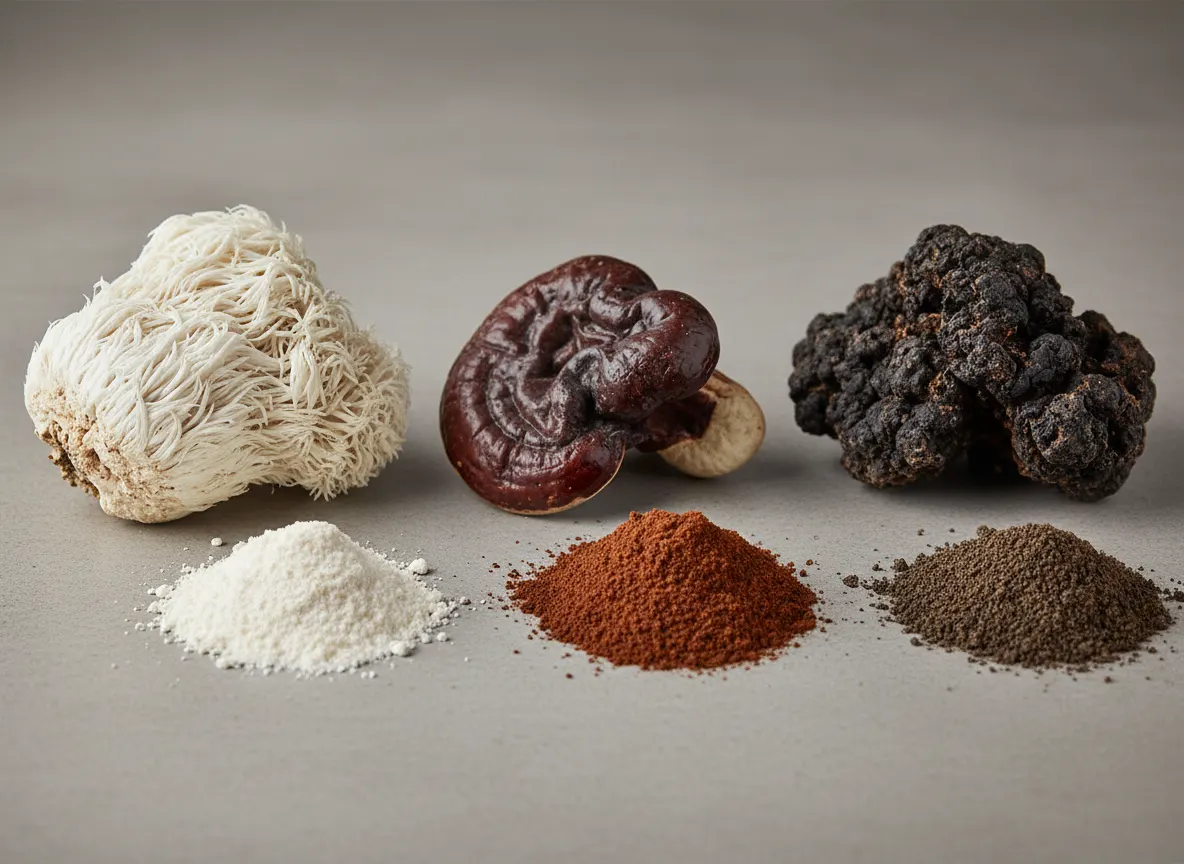 Macro close-up of whole mushrooms (lion's mane, reishi, chaga) and concentrated extract powder side-by-side on neutral sur...