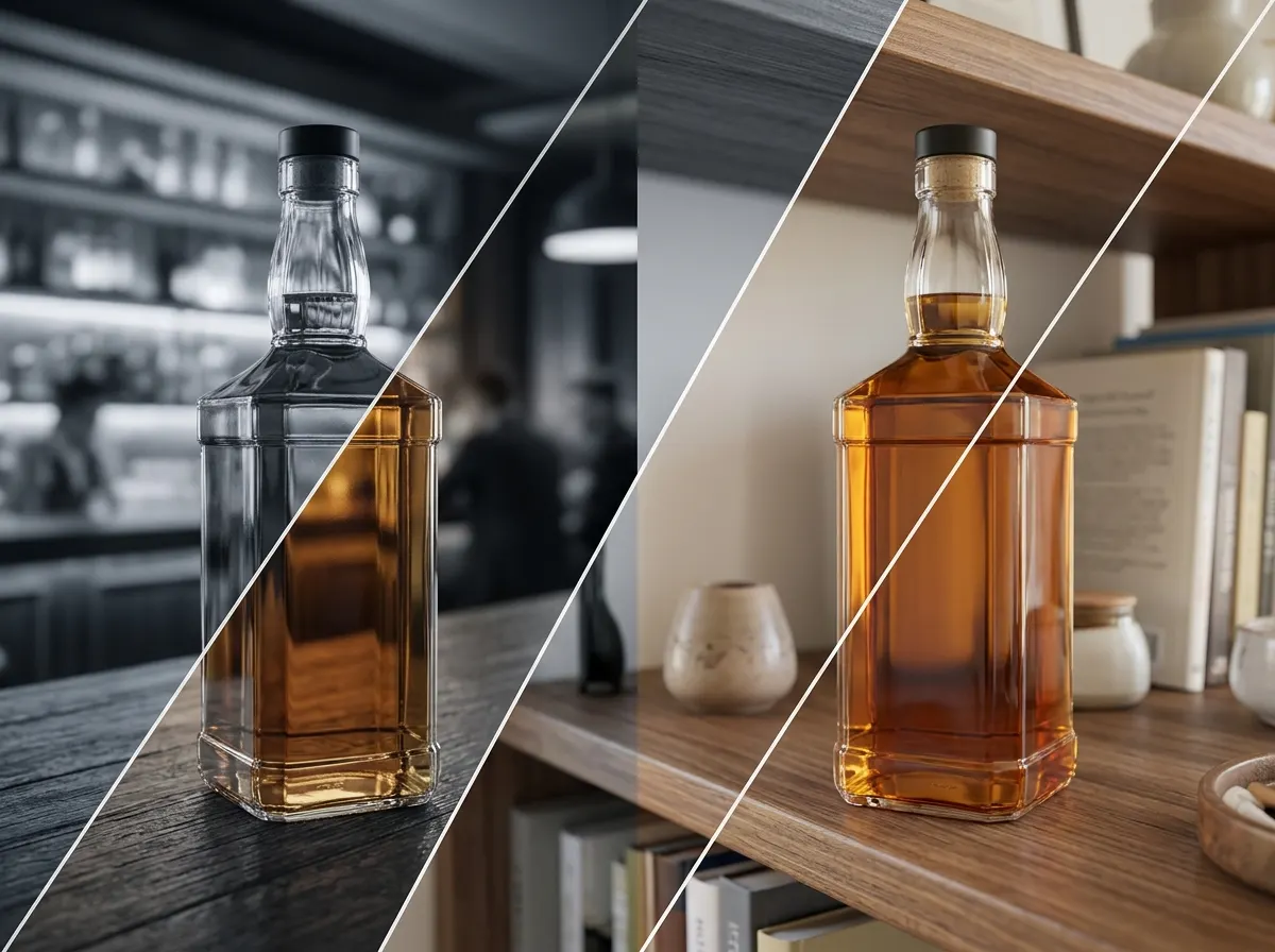 A split-screen shot: left side shows a beautifully lit whiskey bottle in a bar glowing with interior light, right side sho...