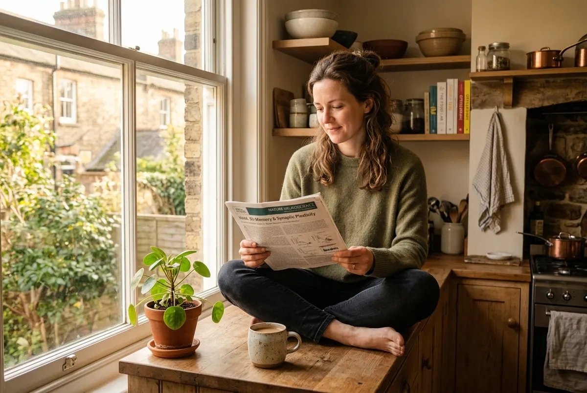 A woman in her late thirties sits on a kitchen counter in late-afternoon light, shoulders visibly lighter, reading a folde...