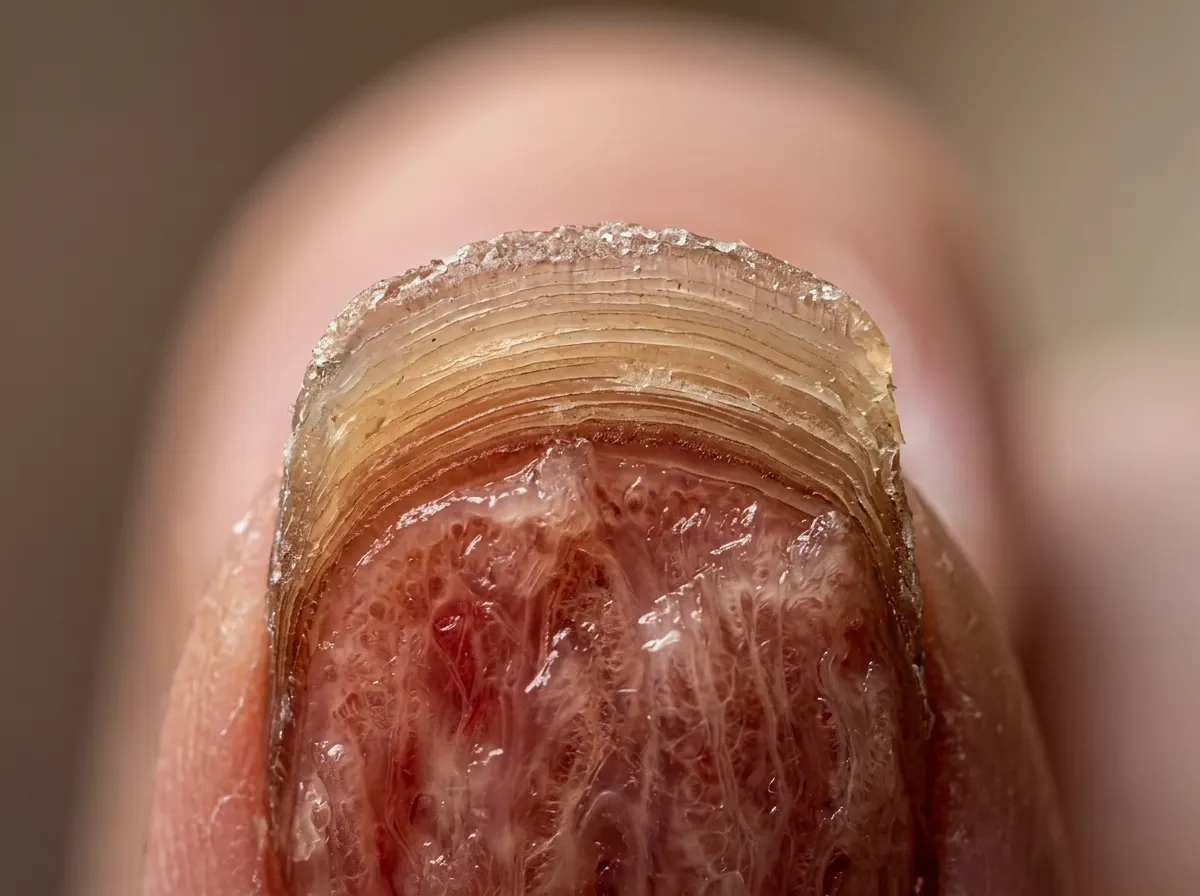 Extreme close-up cross-section of a fingernail edge showing layered nail plate structure with visible depth, warm amber li...