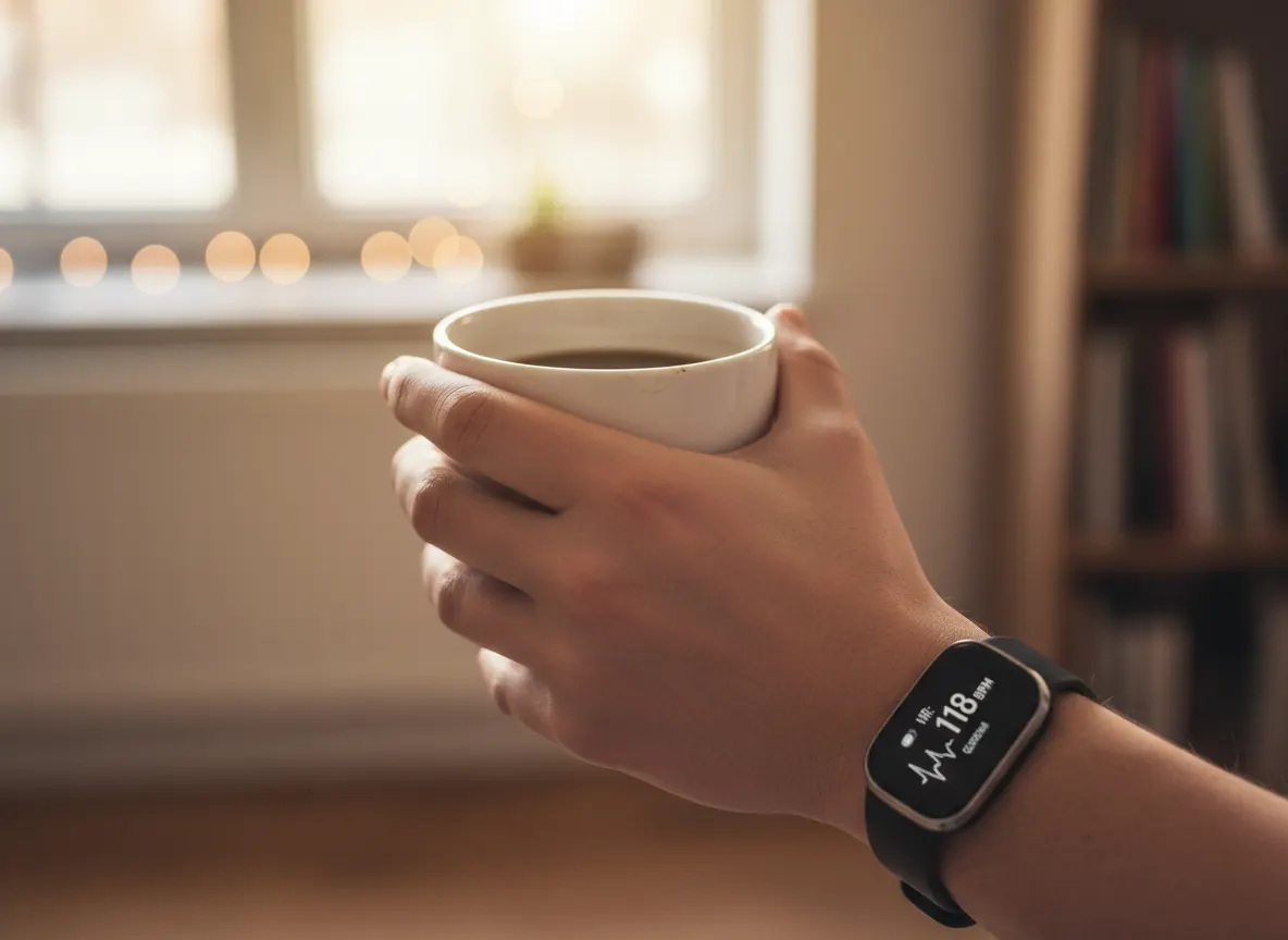 Close-up of person's hand trembling slightly while holding coffee cup, heart rate monitor visible on wrist showing elevate...