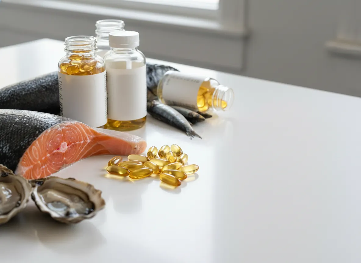 Close-up of omega-3 capsules and fish oil bottles arranged on a bright, minimalist white surface next to fresh fish, natur...