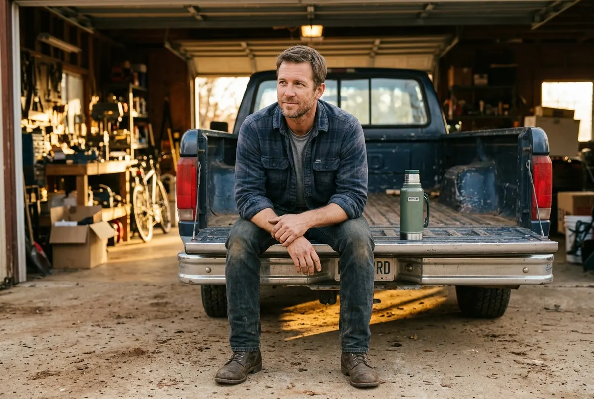 A man in his late 30s sits on the tailgate of a truck in an open garage at late afternoon, elbows on knees, hands relaxed,...