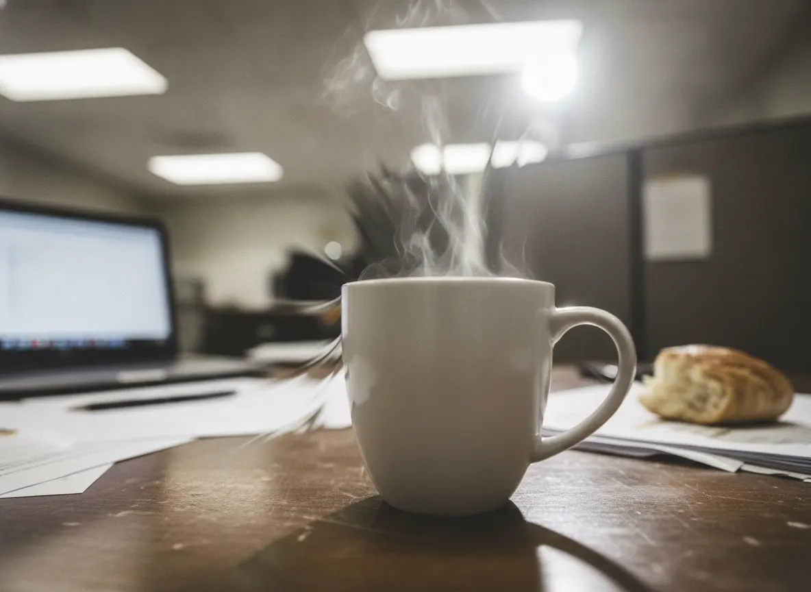 A close-up of a regular coffee cup steaming on a desk with a racing heartbeat or jittery motion blur effect, bright harsh ...