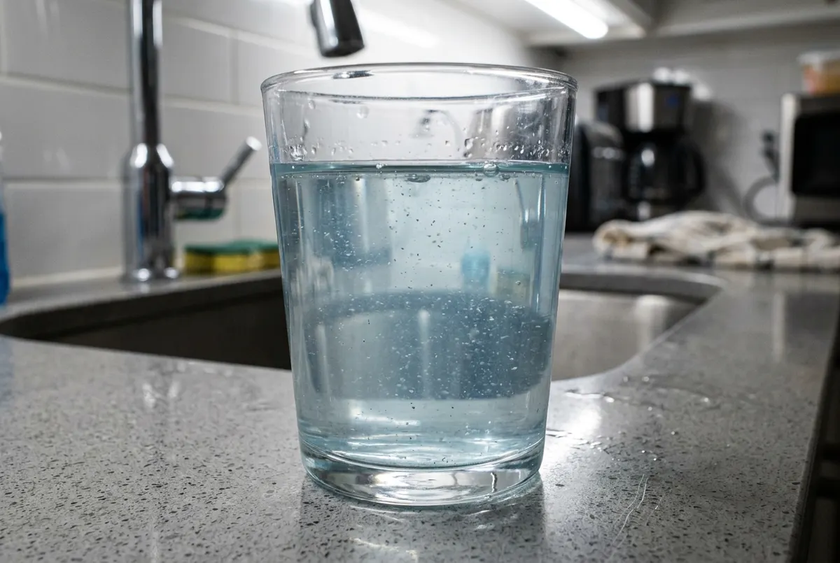 A clear glass of tap water on a kitchen counter with harsh overhead lighting revealing suspended particles barely visible ...