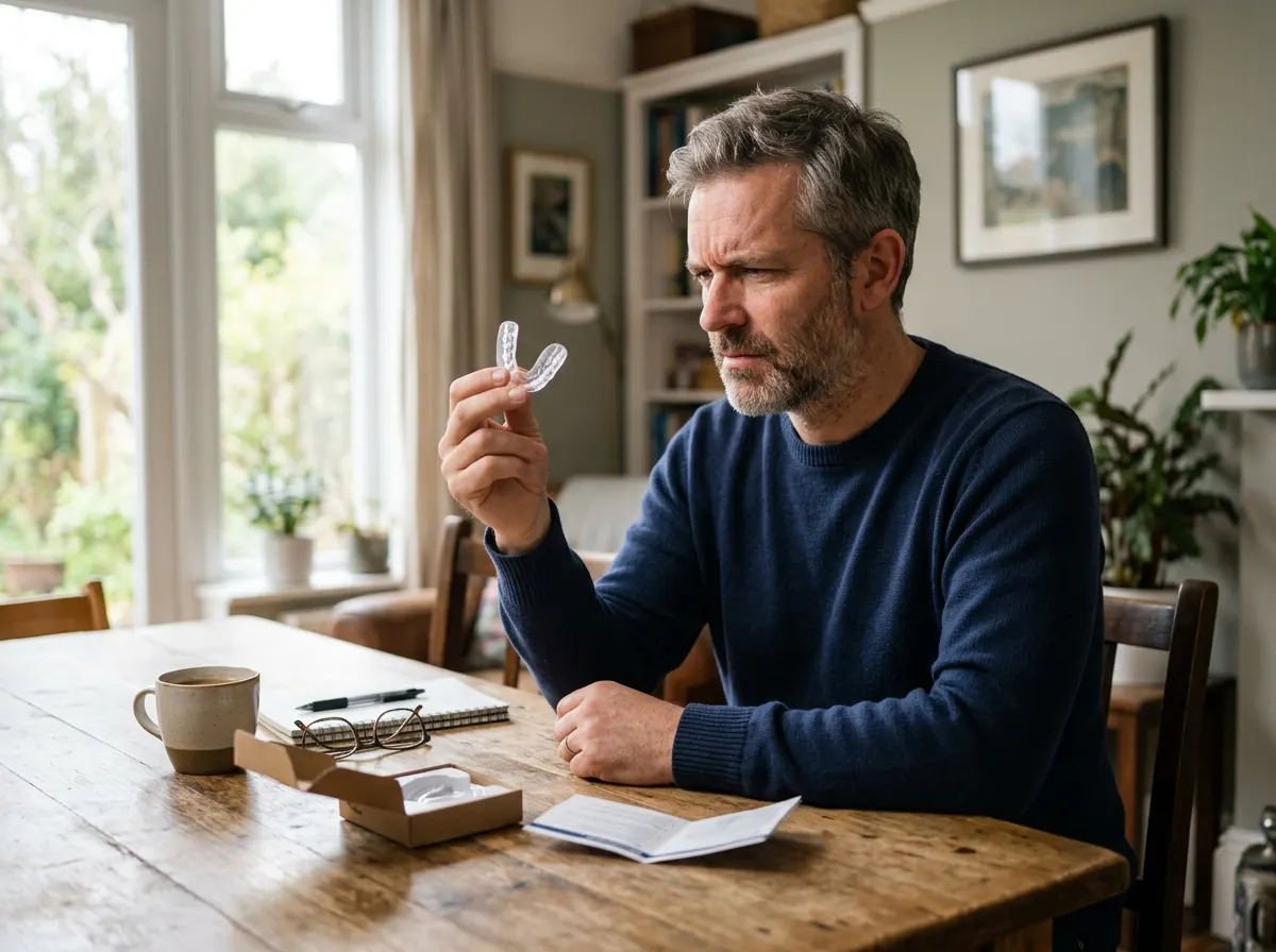A man in his 40s examining a standard cheap mouthpiece in his hand during daylight, skeptical expression, natural window l...