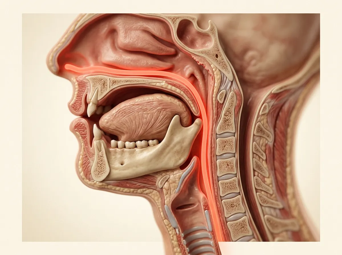 A side-profile cross-section anatomical of the throat and airway at rest, showing the lower jaw and tongue relaxed, the ai...