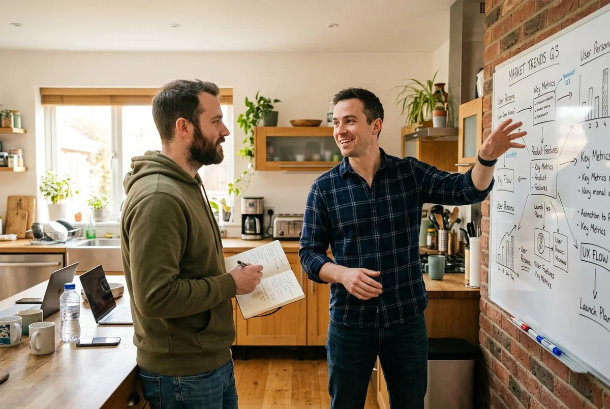 Two men in a bright modern home kitchen workspace, one holding a notebook and one gesturing at a whiteboard covered in not...