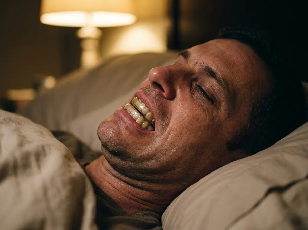 Close-up of a man's face in profile during sleep, wearing a basic rigid mouthpiece that looks uncomfortable and ill-fittin...