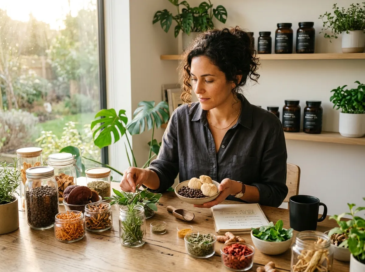 A thoughtful entrepreneur in a bright, minimalist workspace surrounded by natural ingredients—coffee beans, mushrooms, her...
