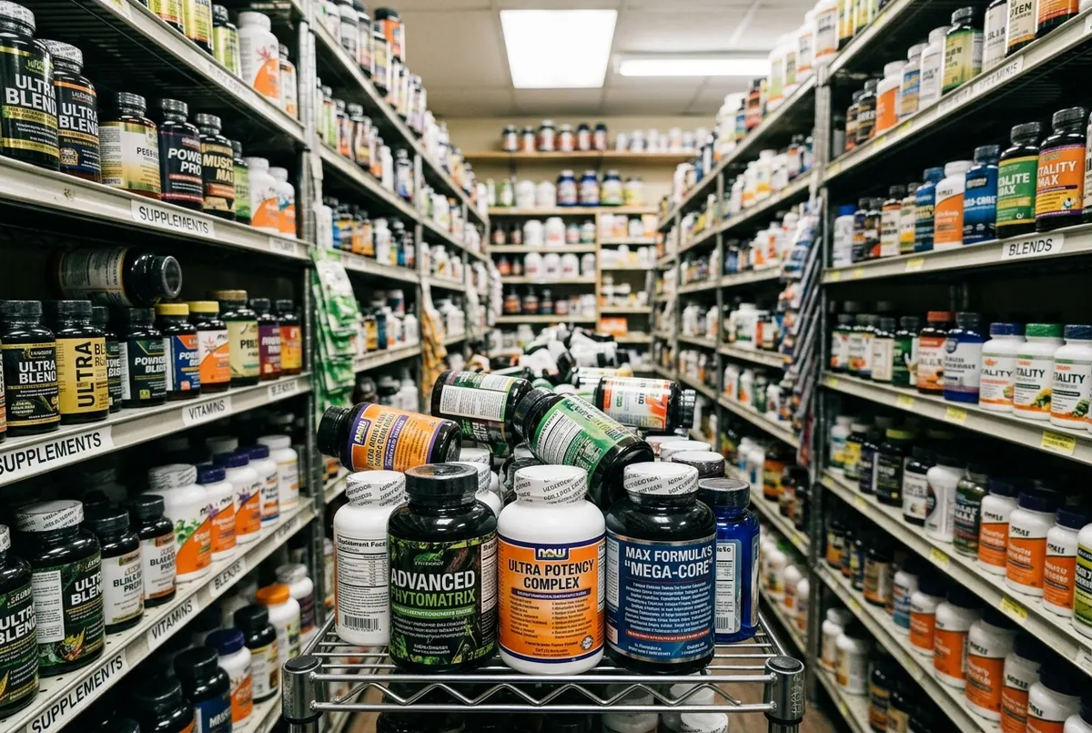A cluttered supplement store aisle shot from chest height, showing rows of crowded bottles with busy labels, overlapping c...