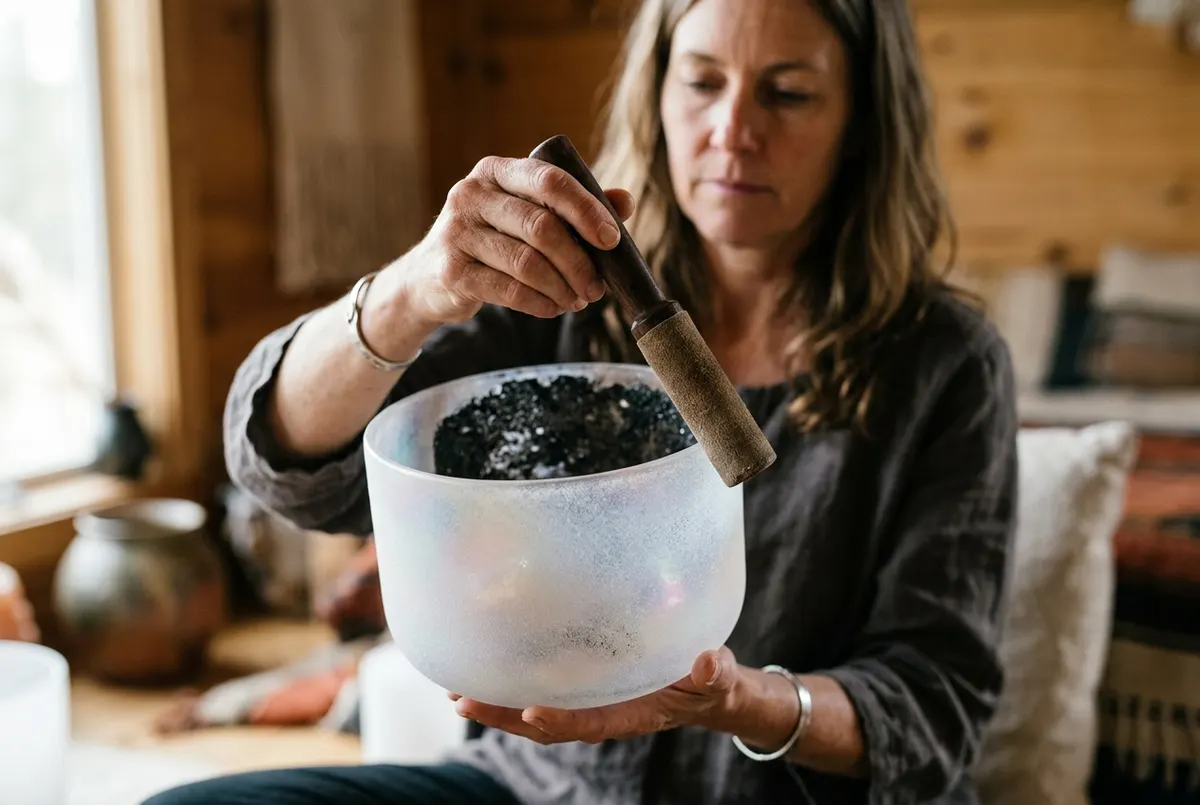 Close-up of a woman's hands holding a glossy frosted crystal singing bowl at chest height, fingers positioned to strike it...