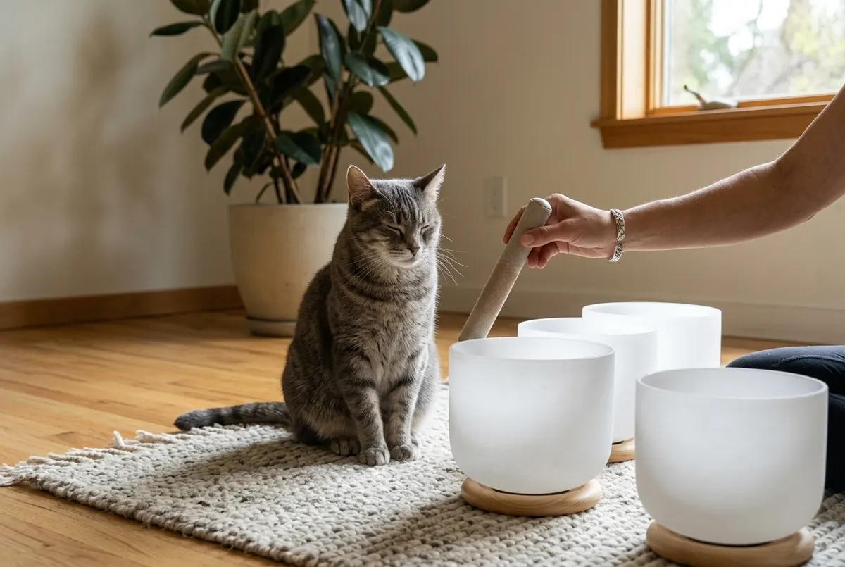 A warm candid phone photo of a calm gray cat sitting directly in front of three crystal singing bowls arranged on a wool r...