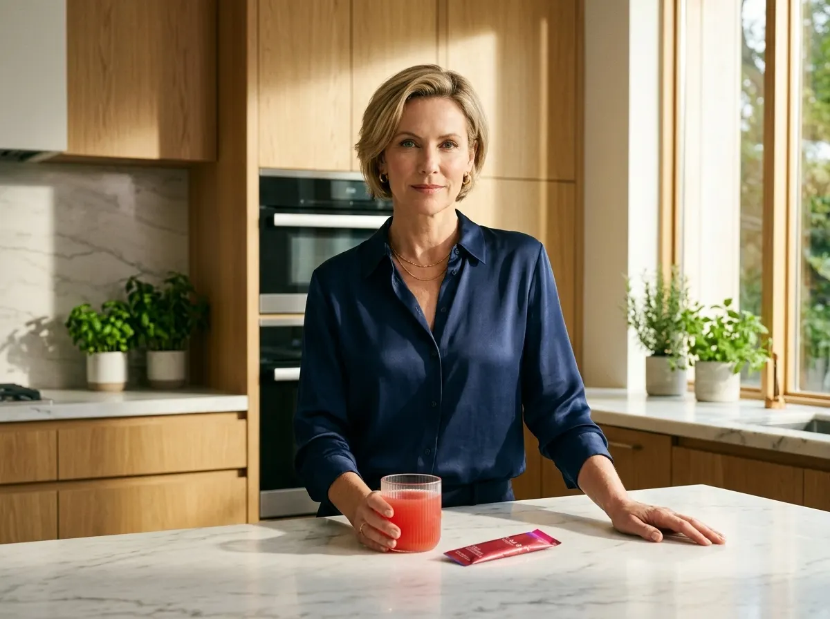 A confident woman in her late 40s in a sunlit kitchen mid-morning, standing at a marble counter with a clear glass of mixe...