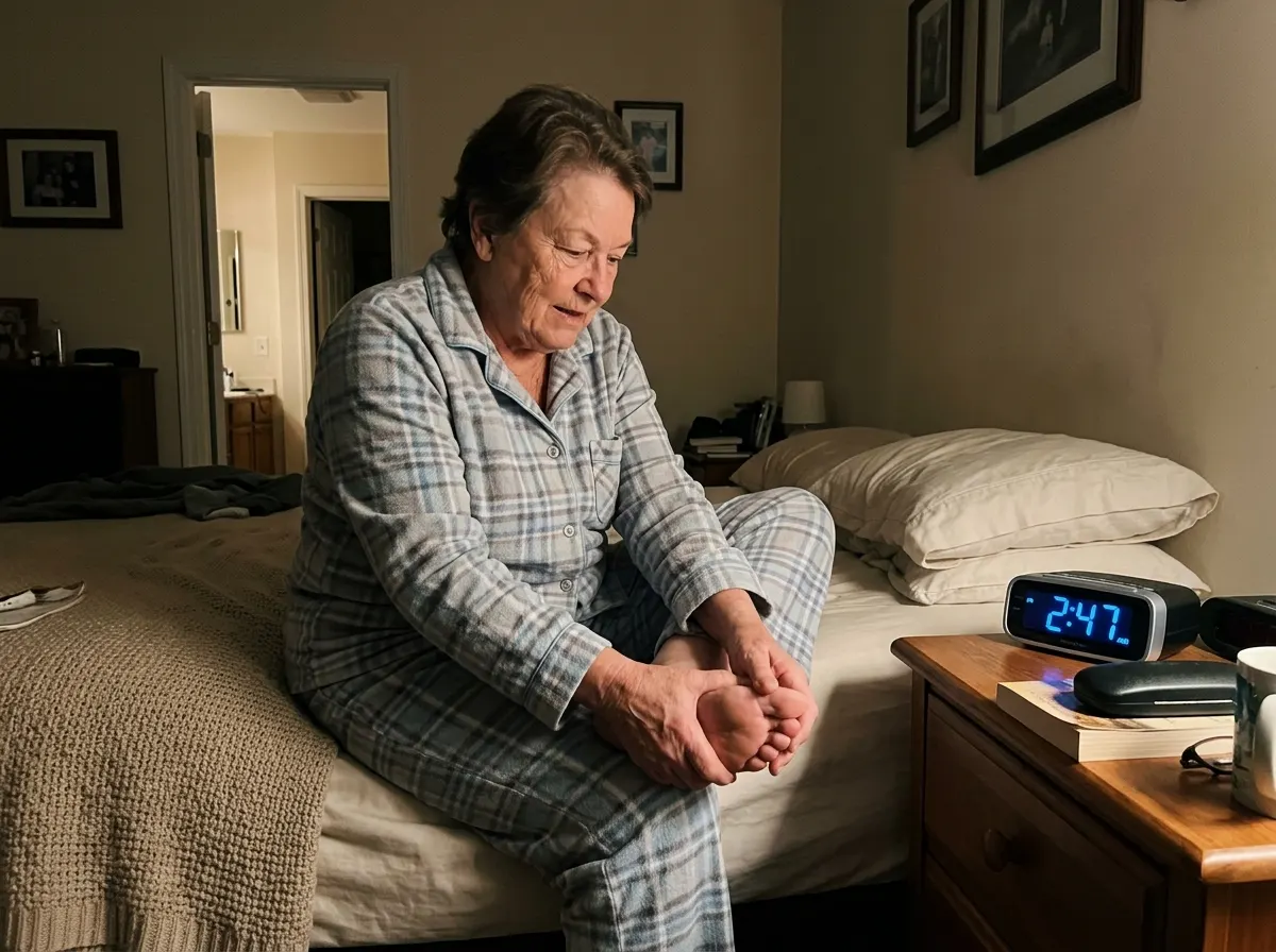 An older woman sitting on the edge of a bed in dim nightlight, hunched forward holding her foot, face lit by soft blue glo...
