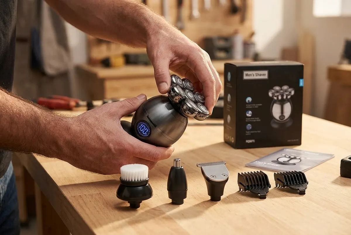 A man's hands assembling modular grooming heads onto a single electric device on a clean workshop table, warm directional ...