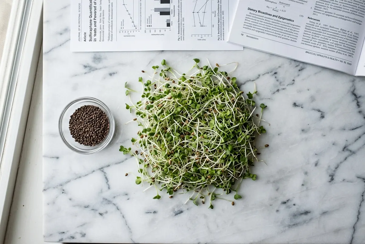 A top-down flat lay on a clean white marble surface: a pile of fresh raw broccoli sprouts in the center, a small glass dis...