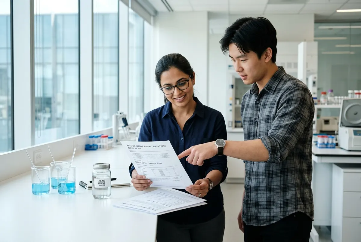 Two people standing in a bright minimalist lab space looking at a printed test report together, one pointing at a specific...